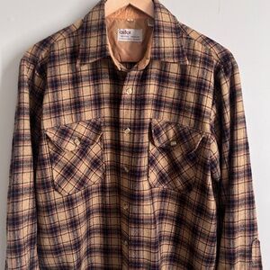 Astor One Shirt Mens Medium Flannel Plaid Blue Brown Wool Blend Korea VTG 80s